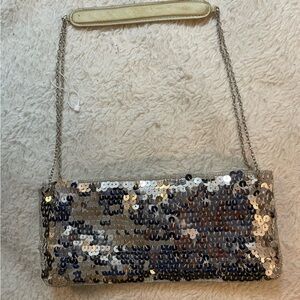 New York & company silver sequin evening bag with chain handle